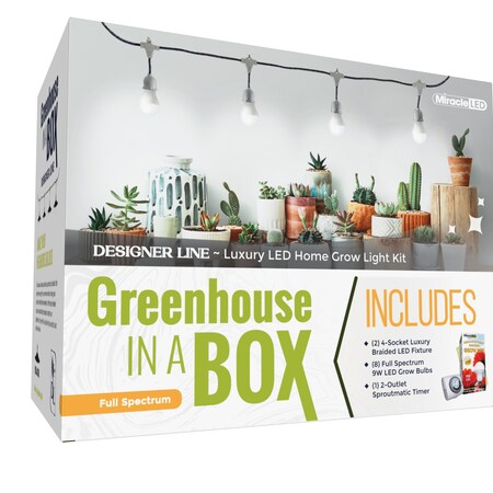 Miracle Led 4-Socket Greenhouse in a Box Grow Light Kit Full Spec 9W Replace 150W Grow Bulb, Timer, 2PK 802434